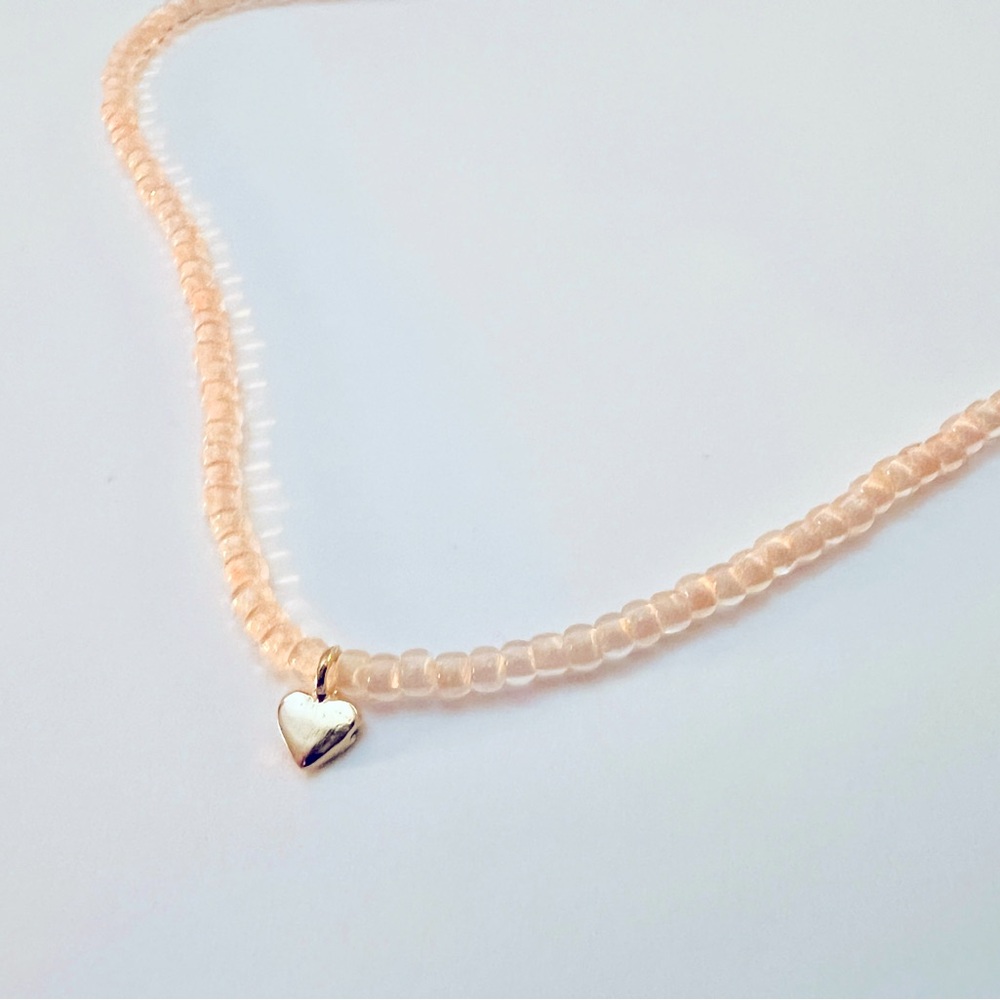 Pink Bead Necklace with 14k Gold Heart